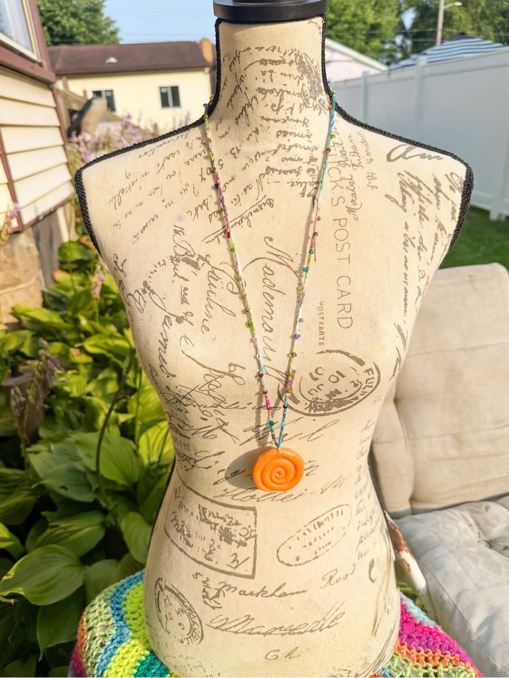 Handmade Orange Swirl Pendant Beaded Necklace